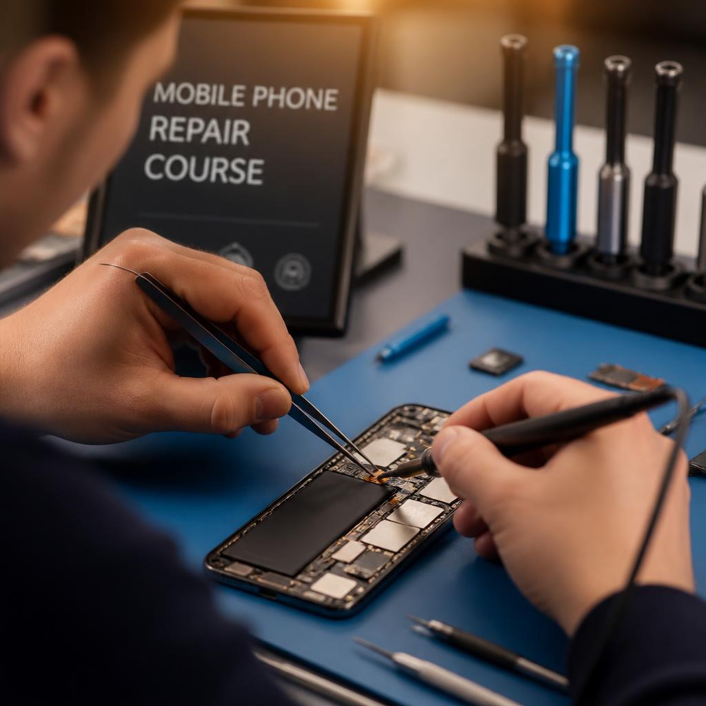 Soldadura profesional de flex de pantalla de smartphone en un curso de reparación