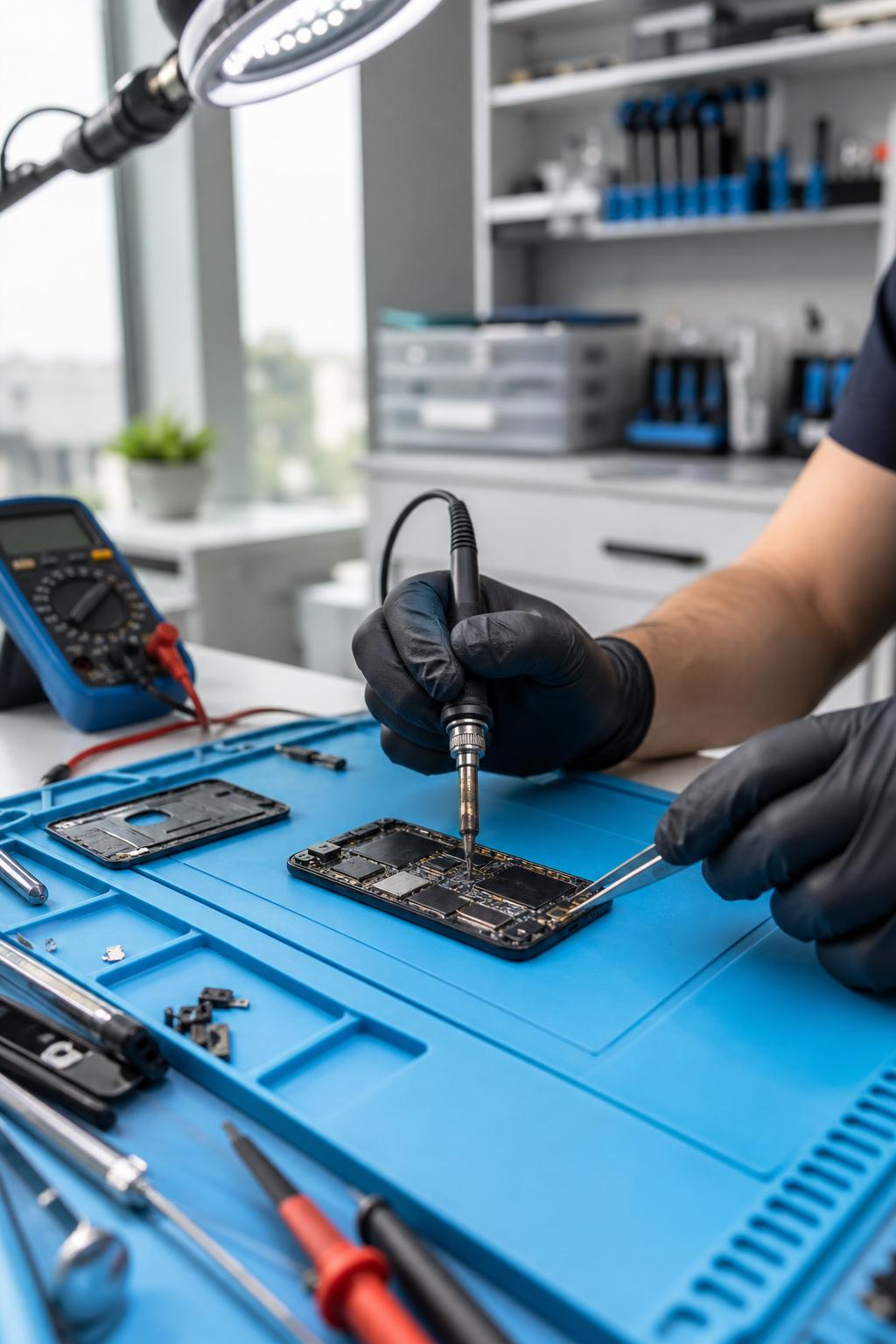 Técnico especializado soldando placa de celular en taller INCEL