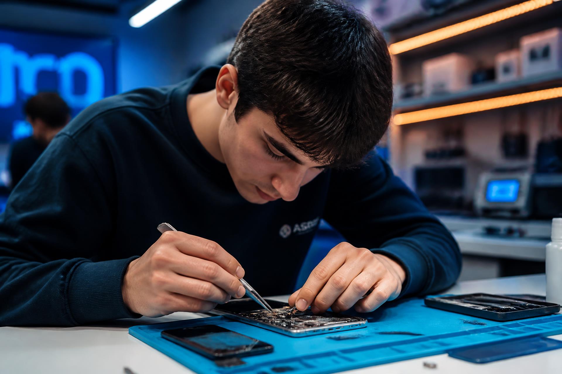 Estudiante reparando un smartphone en un laboratorio moderno de INCEL